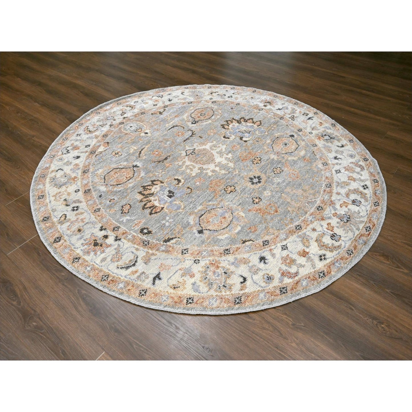 7'10"X8' Hand Knotted Oushak Inspired Pure Wool Round Oriental Rug