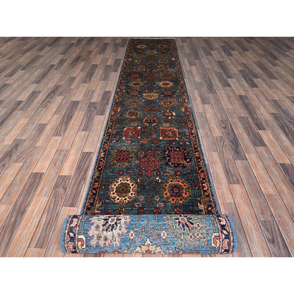 2'7"X21'5" Stone Blue All Over Design Soft Wool Hand Knotted Xl Runner Rug
