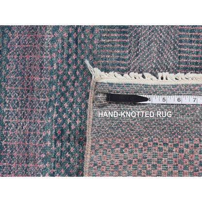 2'7"X8'10" Green Wool And Silk Grass Design Hand Knotted Runner Rug