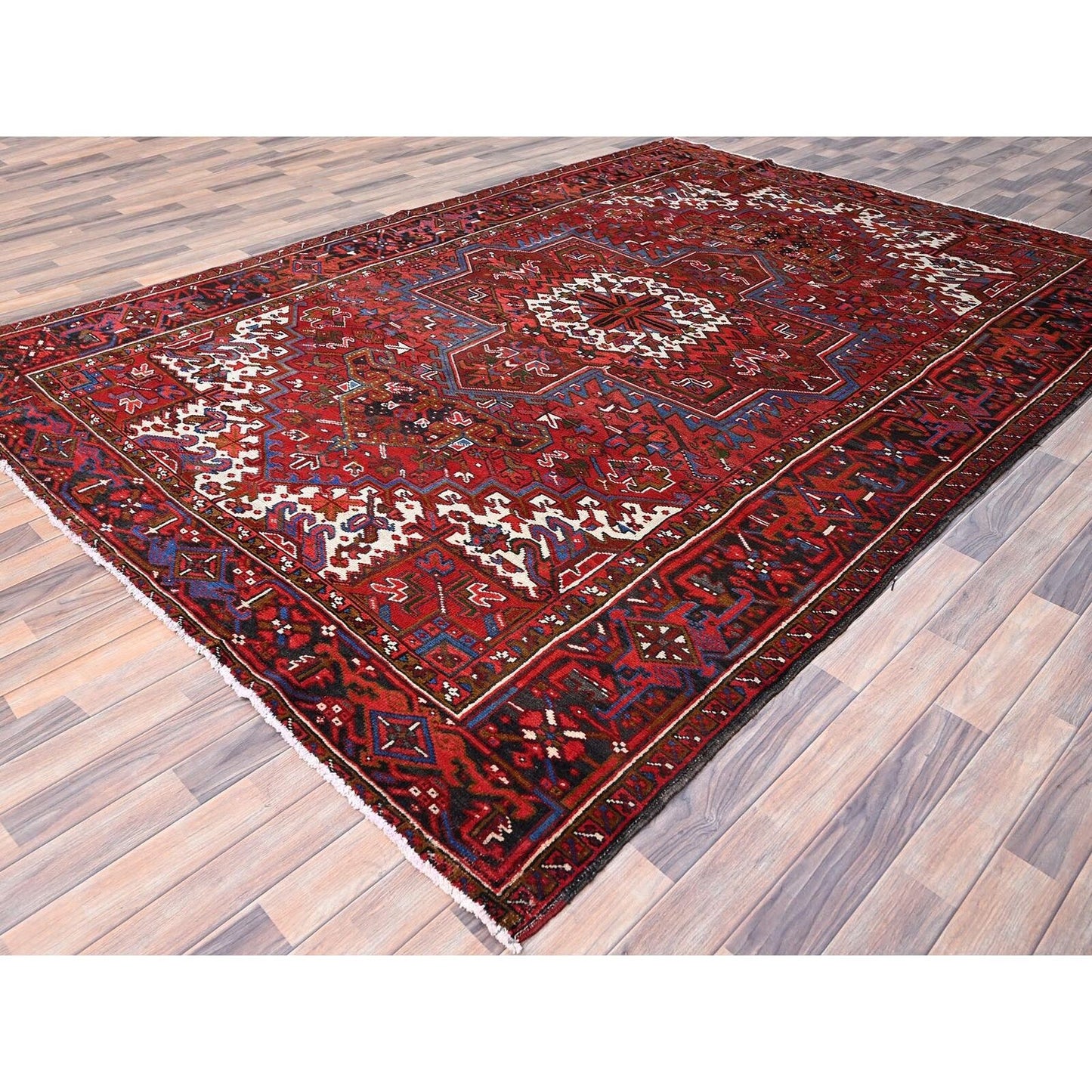 8'X11' Red Abrash Antique Zoroastrian Heris Hand Knotted Pure Wool Rug