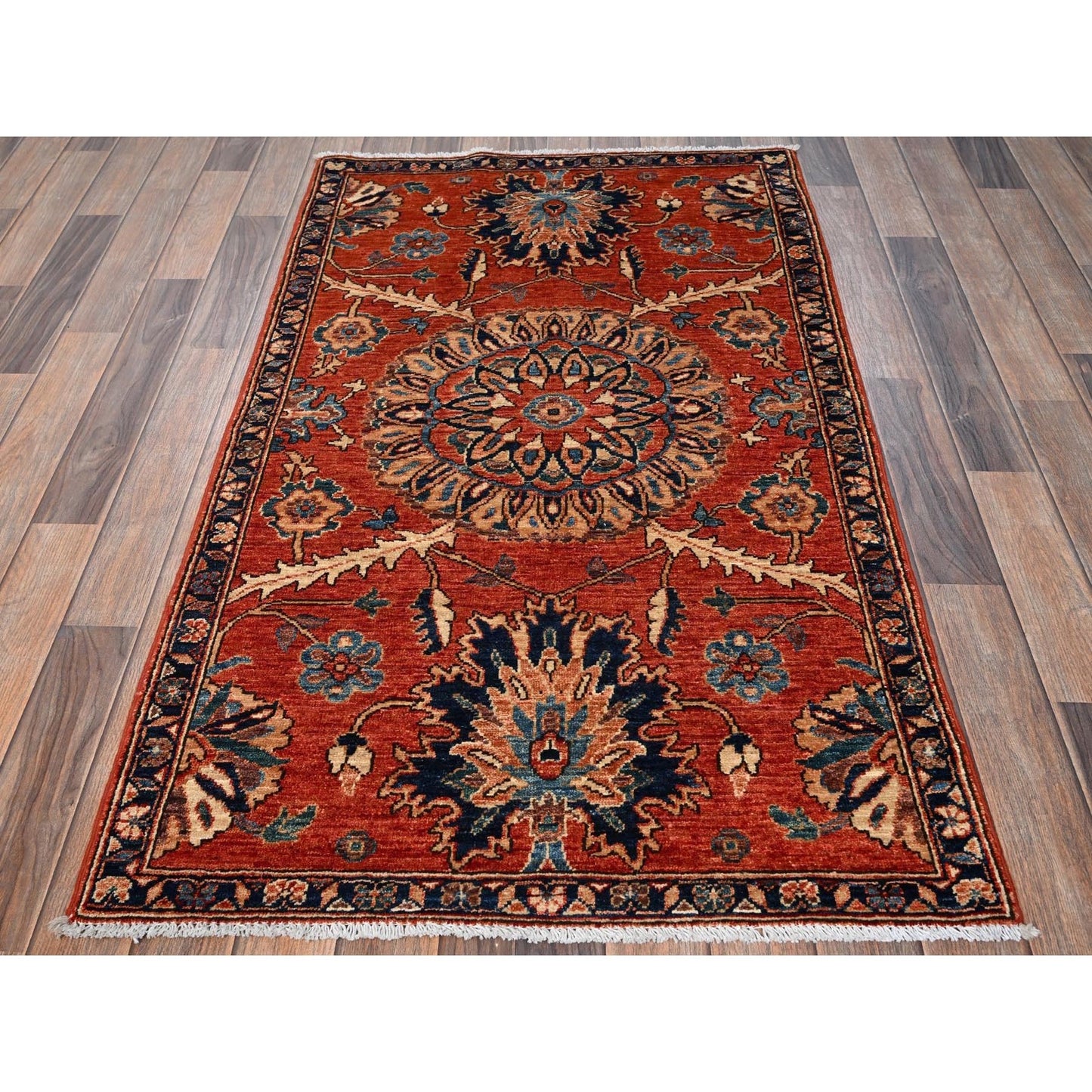 3'X5'2" Red Northwest Zoroastrian Flower Design Pure Wool Hand Knotted Rug