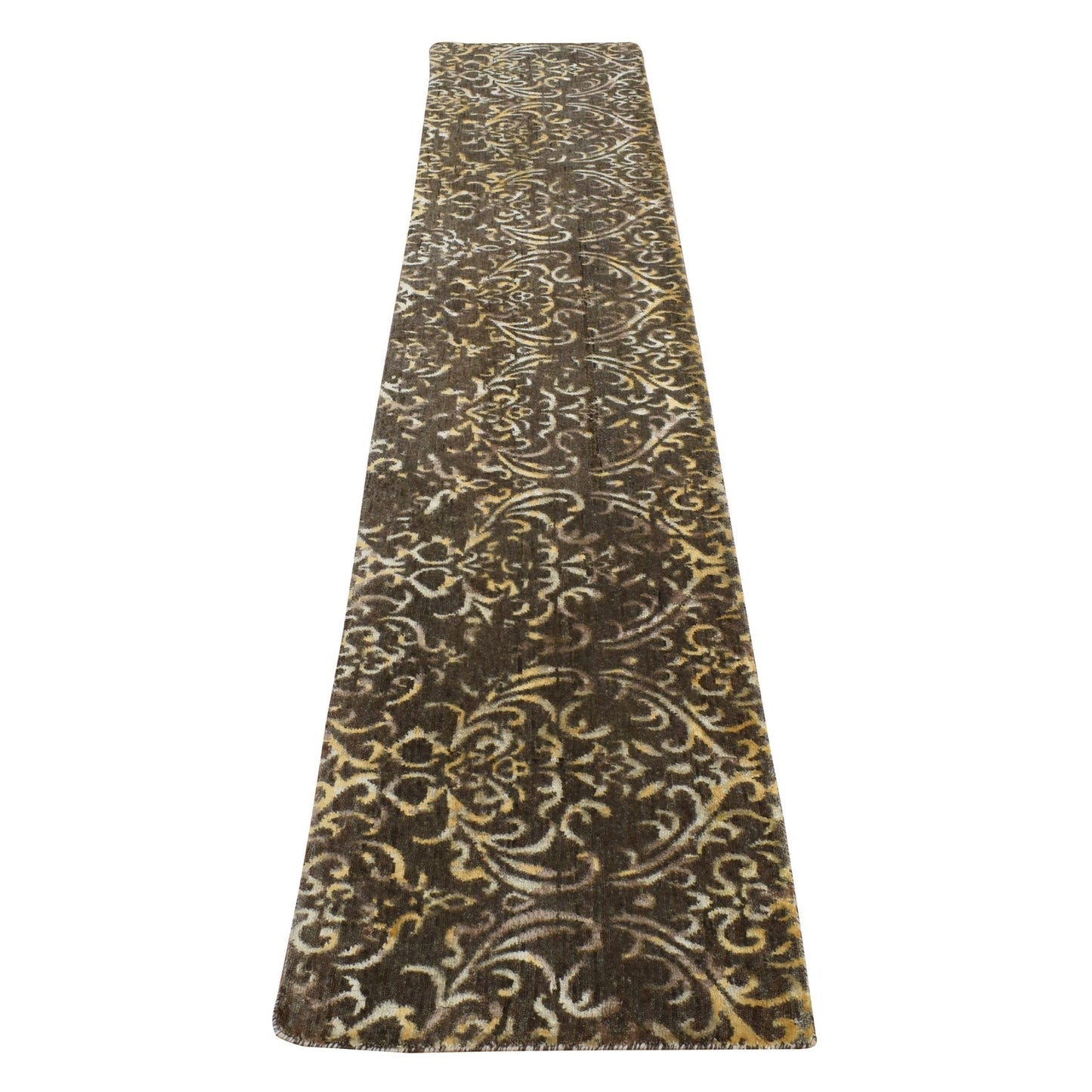 2'x9'10" Brown Hand Knotted Damask Tone on Tone Wool and Silk Runner Rug