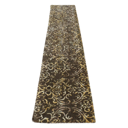 2'x9'10" Brown Hand Knotted Damask Tone on Tone Wool and Silk Runner Rug