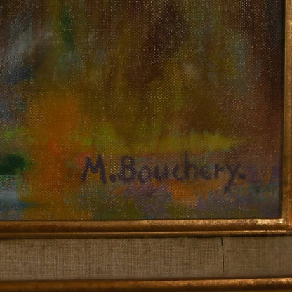 Oil painting large signed framed M Bouchery Impressionist styl reflections pond