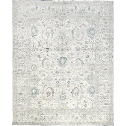 9'1"X11'8" Chiffon White White Wash Peshawar Hand Knotted Pure Wool Rug