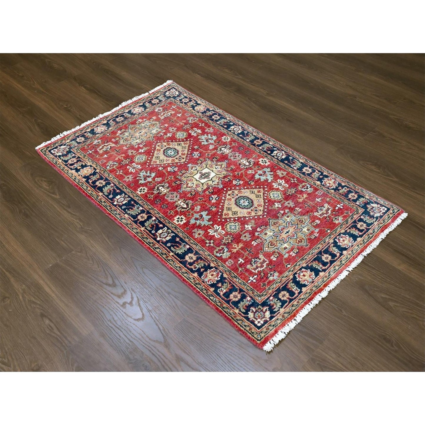 Rug 3'x5' Red Karjihooz Design Geometric Medallions Hand Knotted Wool