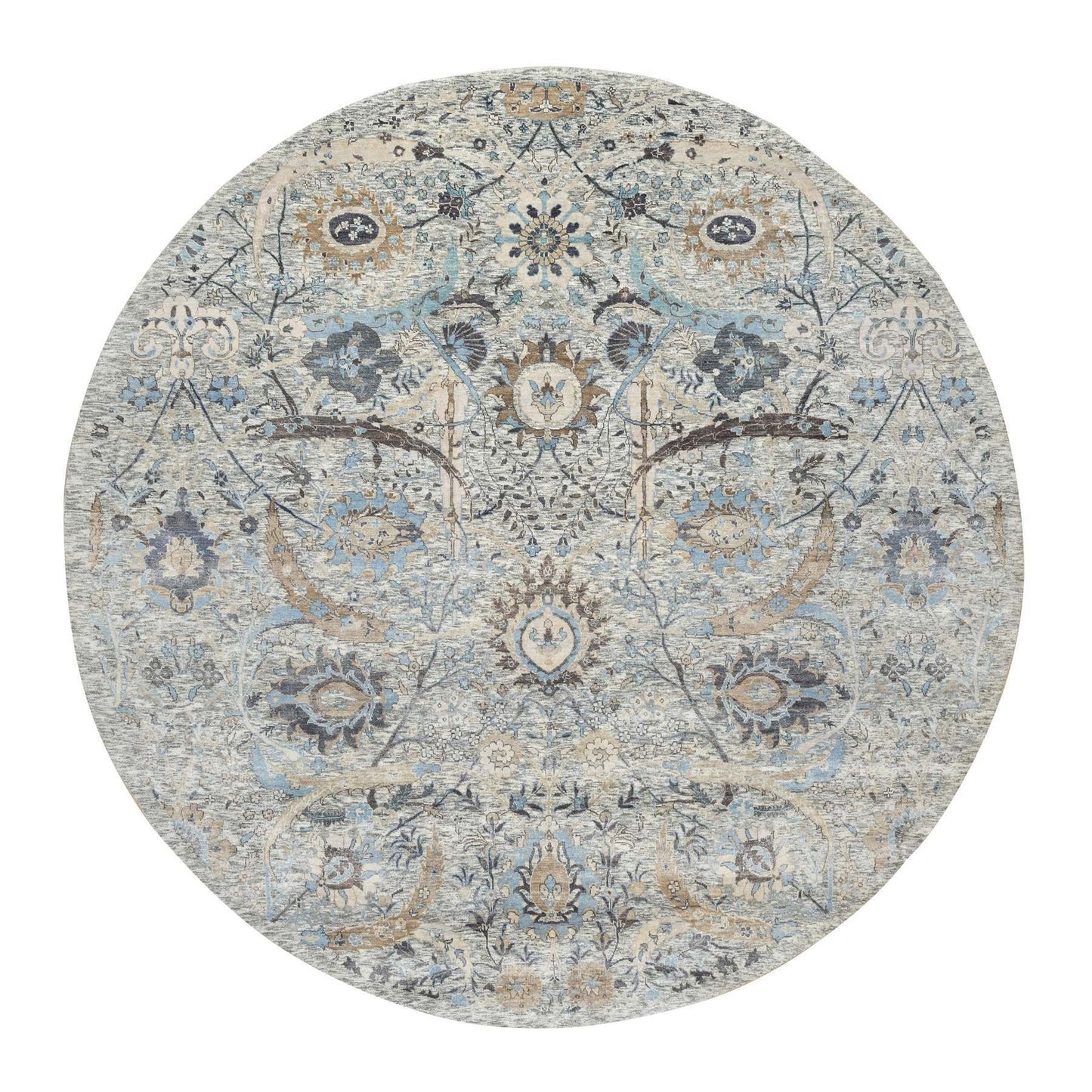10'X10' Tahira White Hand Knotted Silk And Wool Sickle Leaf Round Rug