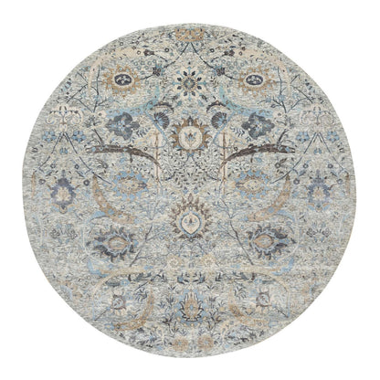 10'X10' Tahira White Hand Knotted Silk And Wool Sickle Leaf Round Rug
