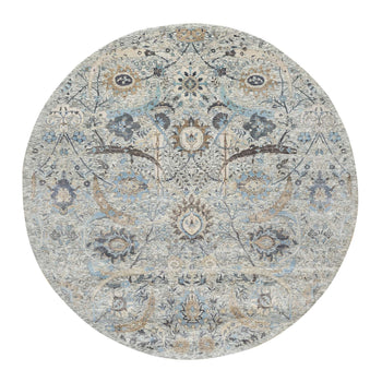 10'X10' Tahira White Hand Knotted Silk And Wool Sickle Leaf Round Rug