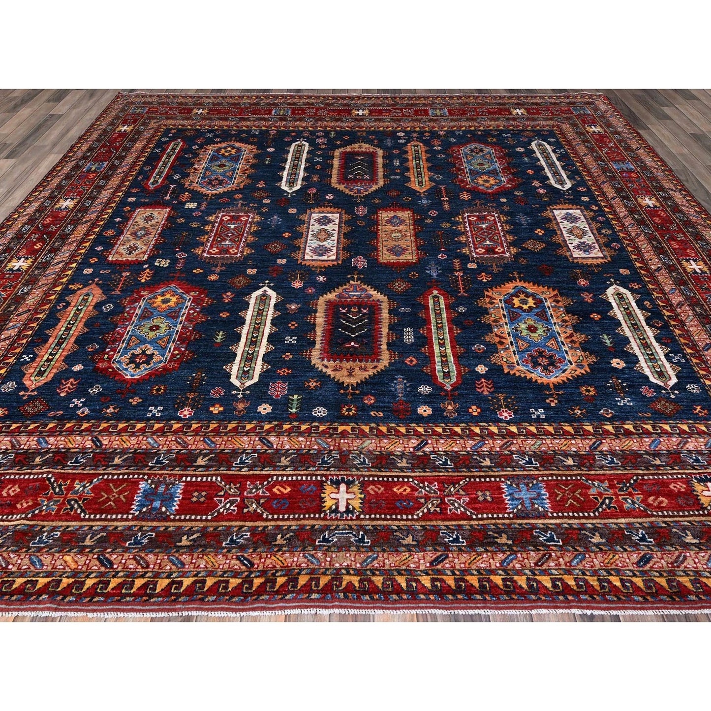 Rug 10'2"x10'2" Yale Blue Caucasian Design Revival Hand Knotted Wool Square