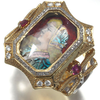 Kaji Mitsuo Ring Diamond 0.09Ct Quartz Ruby Emailles Us7 18K Yg/Wg
