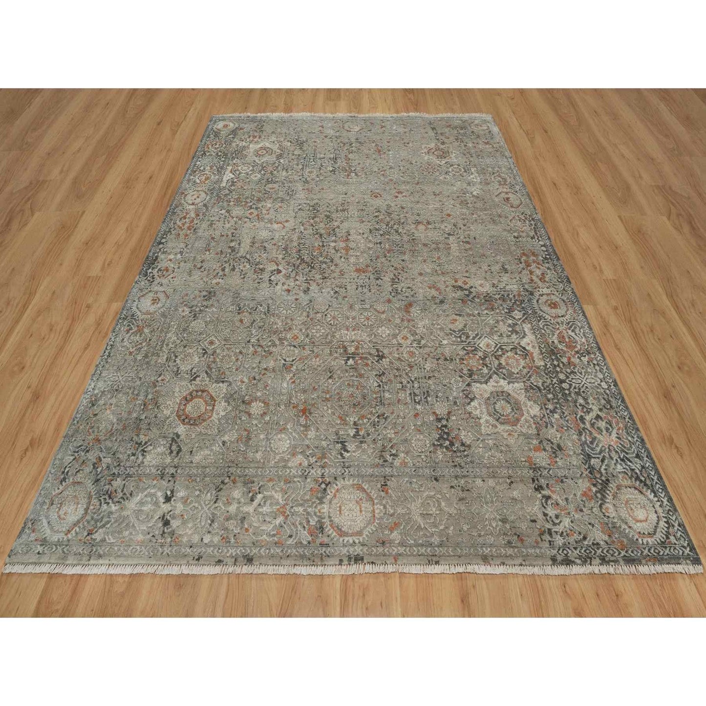 7'9"X10' Gray Broken And Erased Mamluk Design Hand Knotted 100% Wool Rug