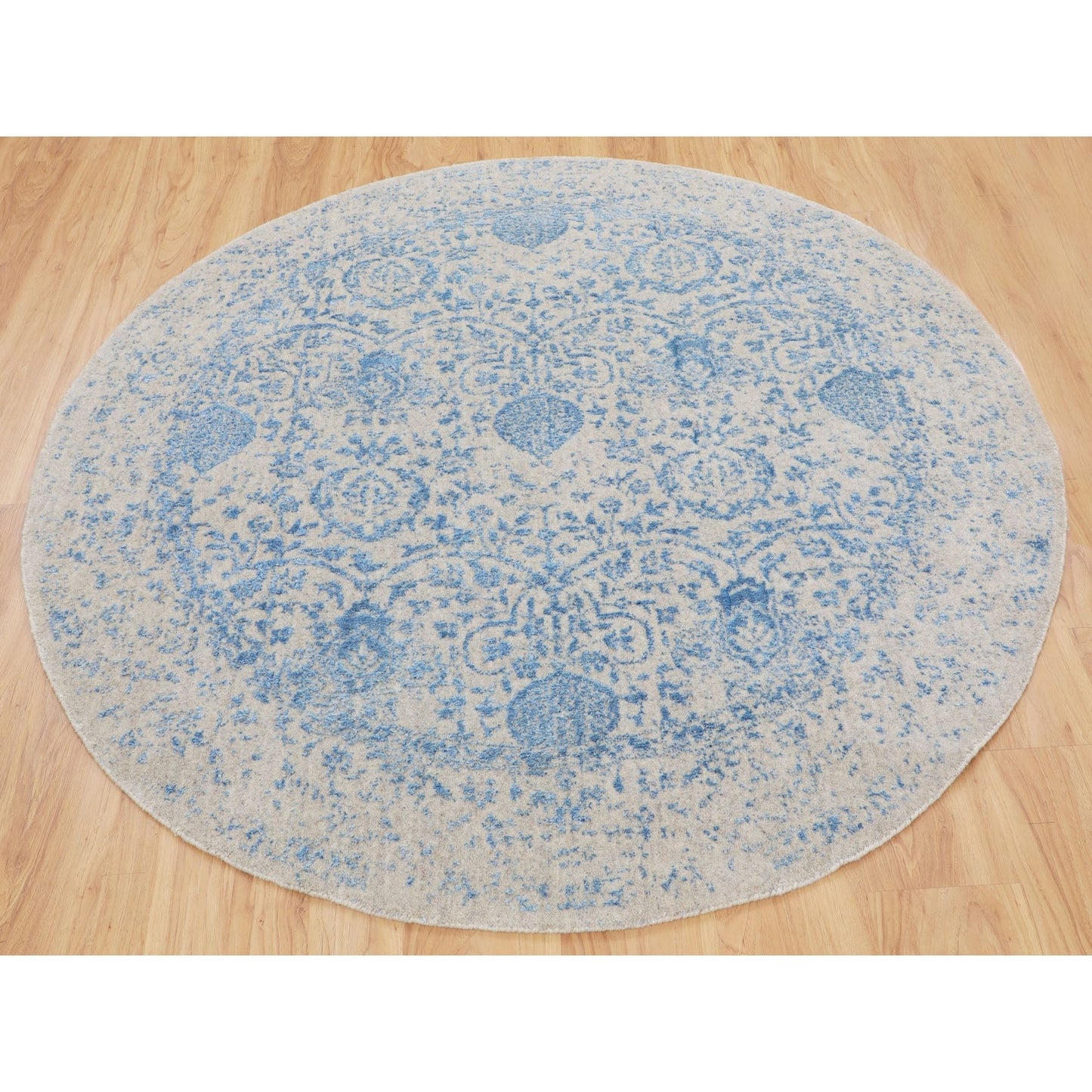 5'9"X5'9" Blue Jacquard Hand Loomed Wool & Art Silk Pomegranate Round Rug
