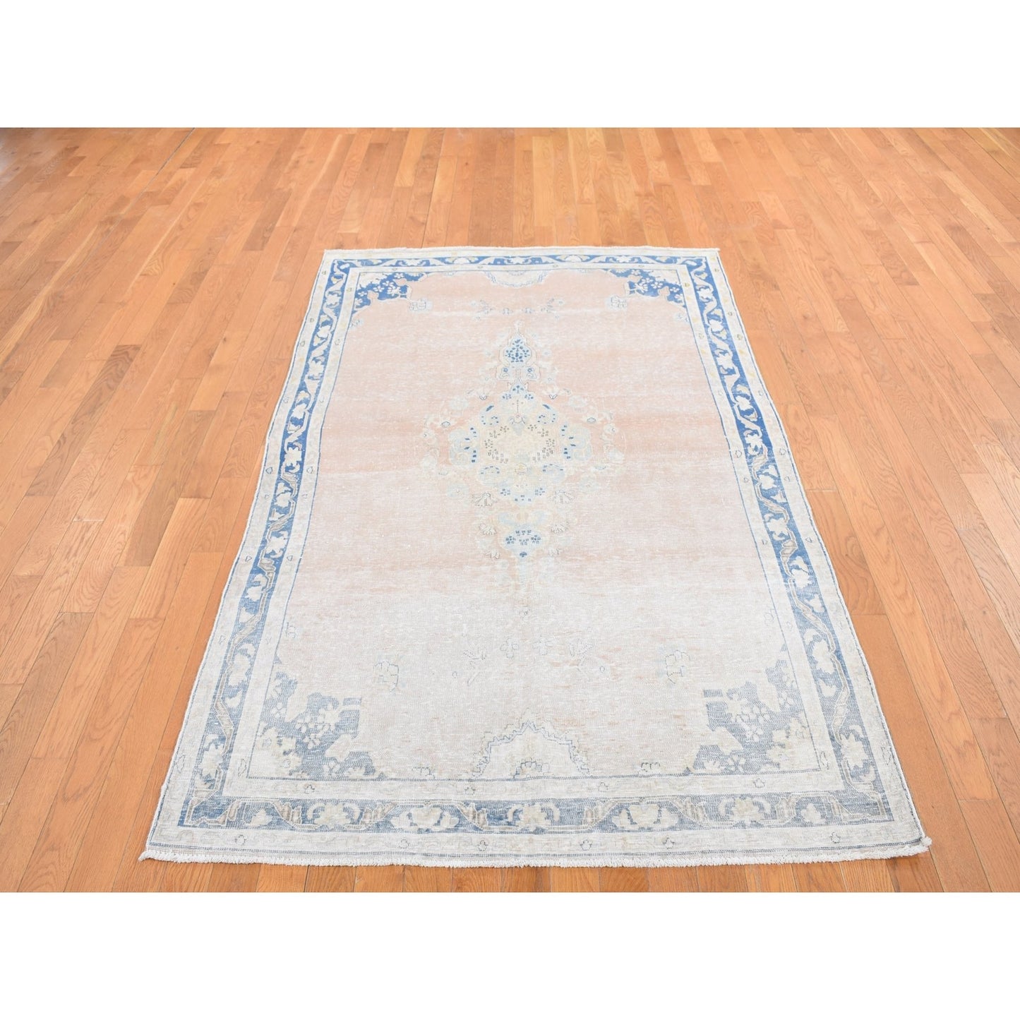 4'7"X7'6" Pink Worn Wool Hand Knotted White Wash Vintage Karman Rug