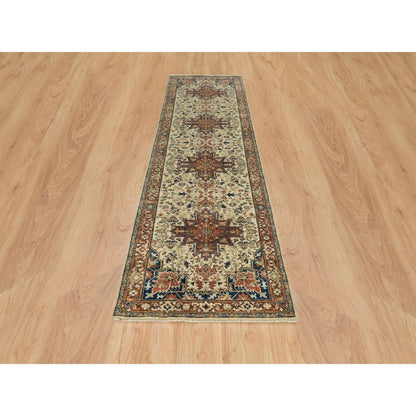 2'7"X10'3" Beige Antiqued Heriz Re-Creation Wool Hand Knotted Runner Rug