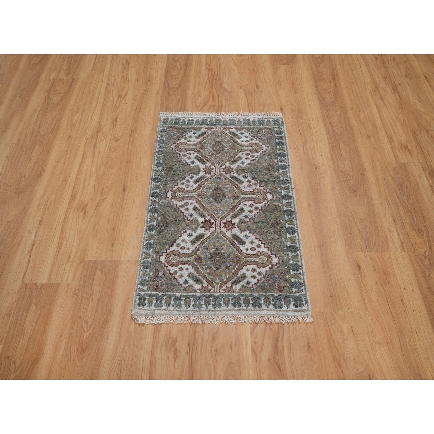 2'X3' Ivory Hand Knotted Mat Rug Flower Rosettes Design Natural Wool