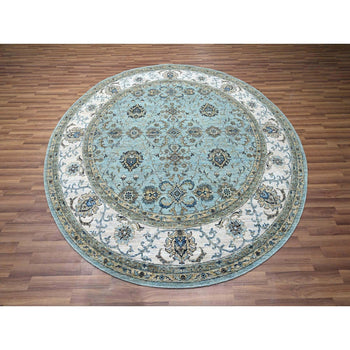 8'X8' Blue Agra Shah Abbas Vines Design Hand Knotted Pure Wool Round Rug