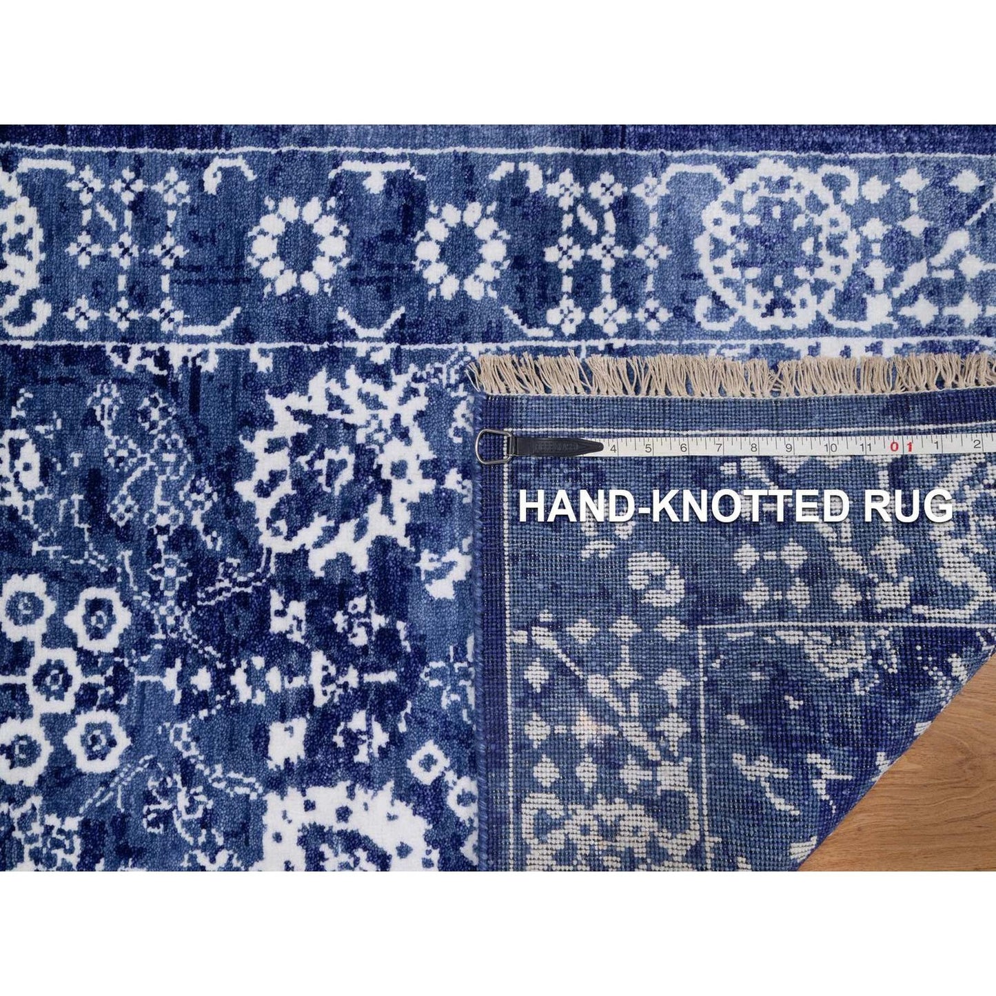 2'6"X6' Ensign Blue Wool And Silk Rug Tebraz With Leaf Design Hand Knotted