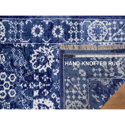 2'6"X6' Ensign Blue Wool And Silk Rug Tebraz With Leaf Design Hand Knotted