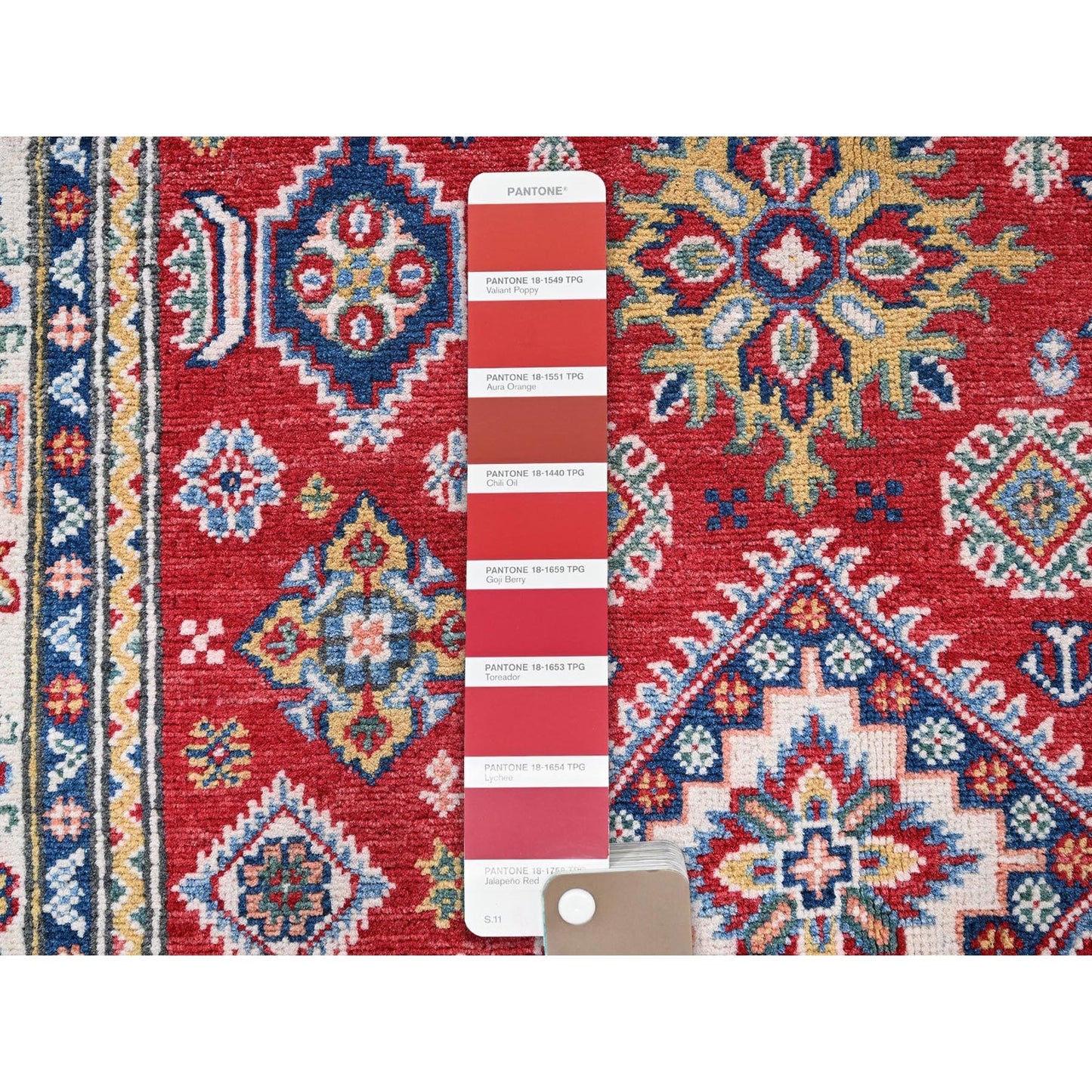 4'X6' Red Kazak With Geometric Medallions Design Soft Wool Hand Knotted Rug