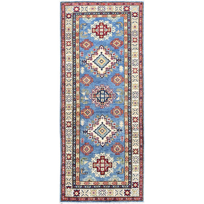 2'6"X6'2" Blue Kazak With Geometric Design Hand Knotted All Wool Runner Rug