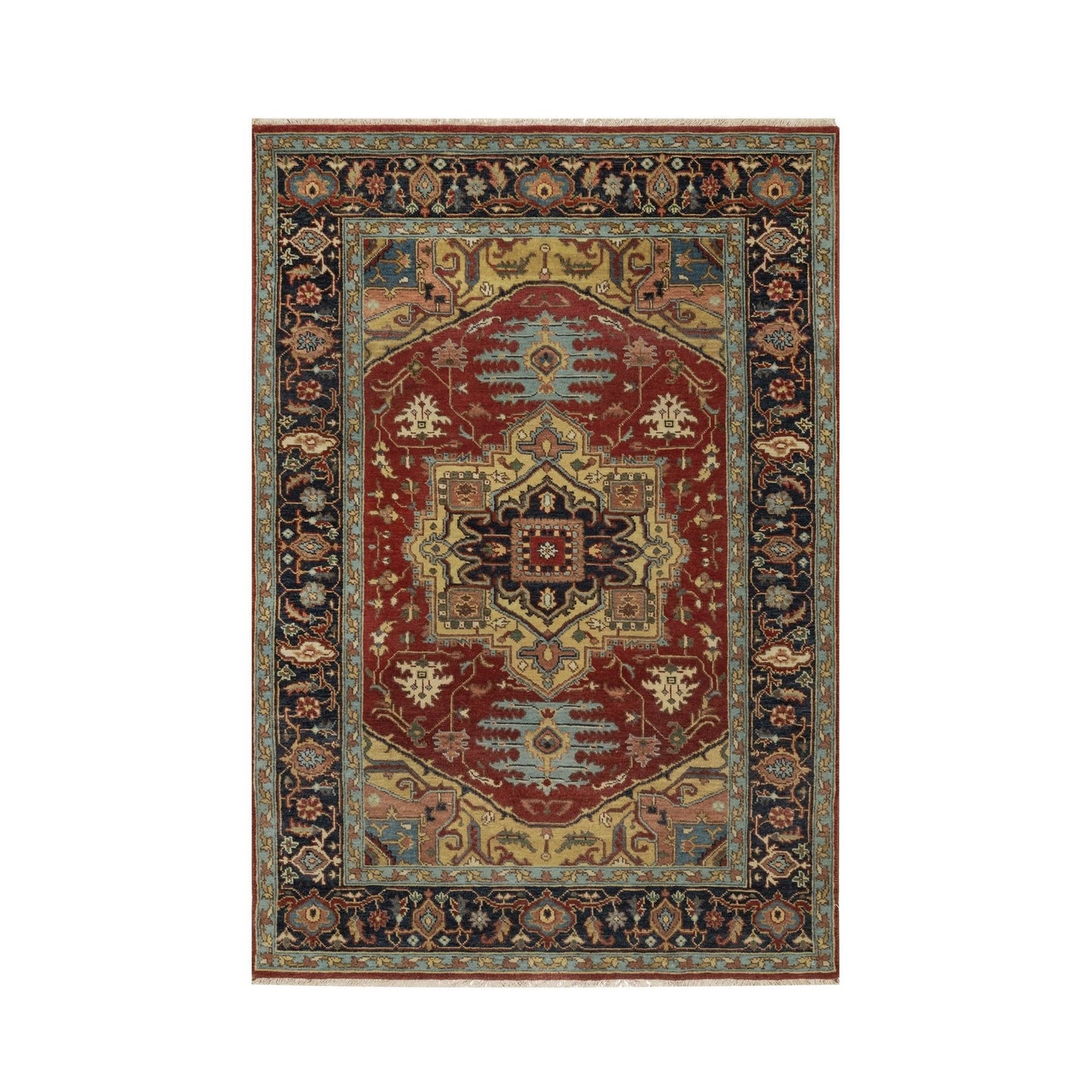 4'3"X6'2" Red Heris Revival Medallion Design Pure Wool Hand Knotted Rug