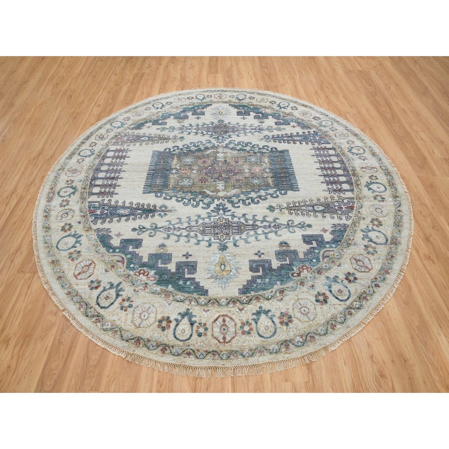9'9"X9'9" Ivory Hand Knotted Reimagined Viss Design Round Oriental Rug