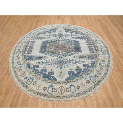 9'9"X9'9" Ivory Hand Knotted Reimagined Viss Design Round Oriental Rug