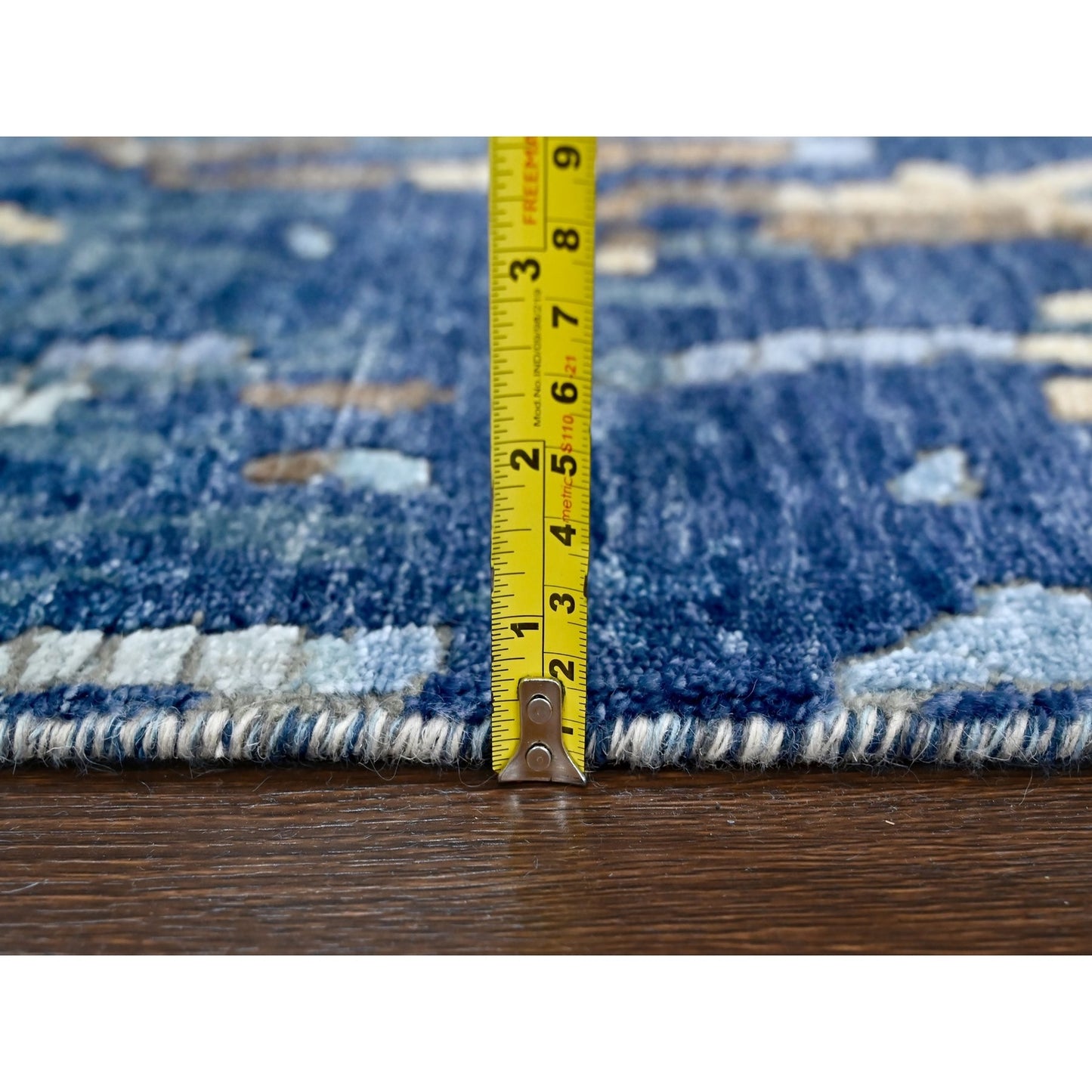 2'6"X12' Yale Blue Mosaic Design Hand Knotted Wool And Silk Runner Rug