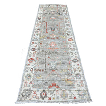 3'X10' Medium Gray Afghan Angora Oushak Hand Knotted Pure Wool Runner Rug