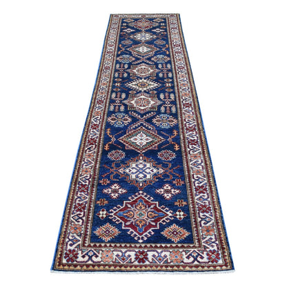 2'8"X10'5" Hand Knotted Denim Blue Extra Soft Wool Super Kazak Runner Rug