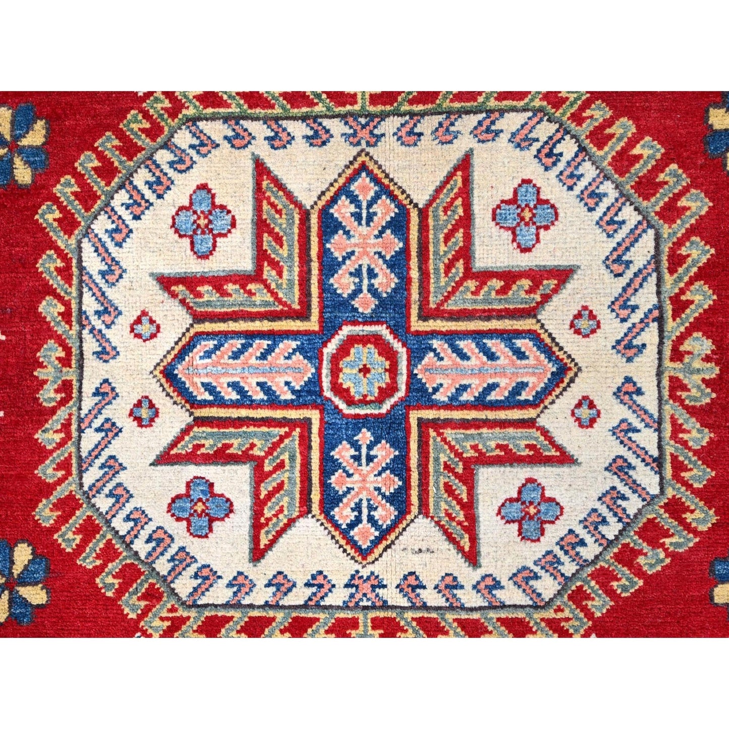 6'X8'9" Toreador Red Hand Knotted Wool Kazak Large Elements Oriental Rug