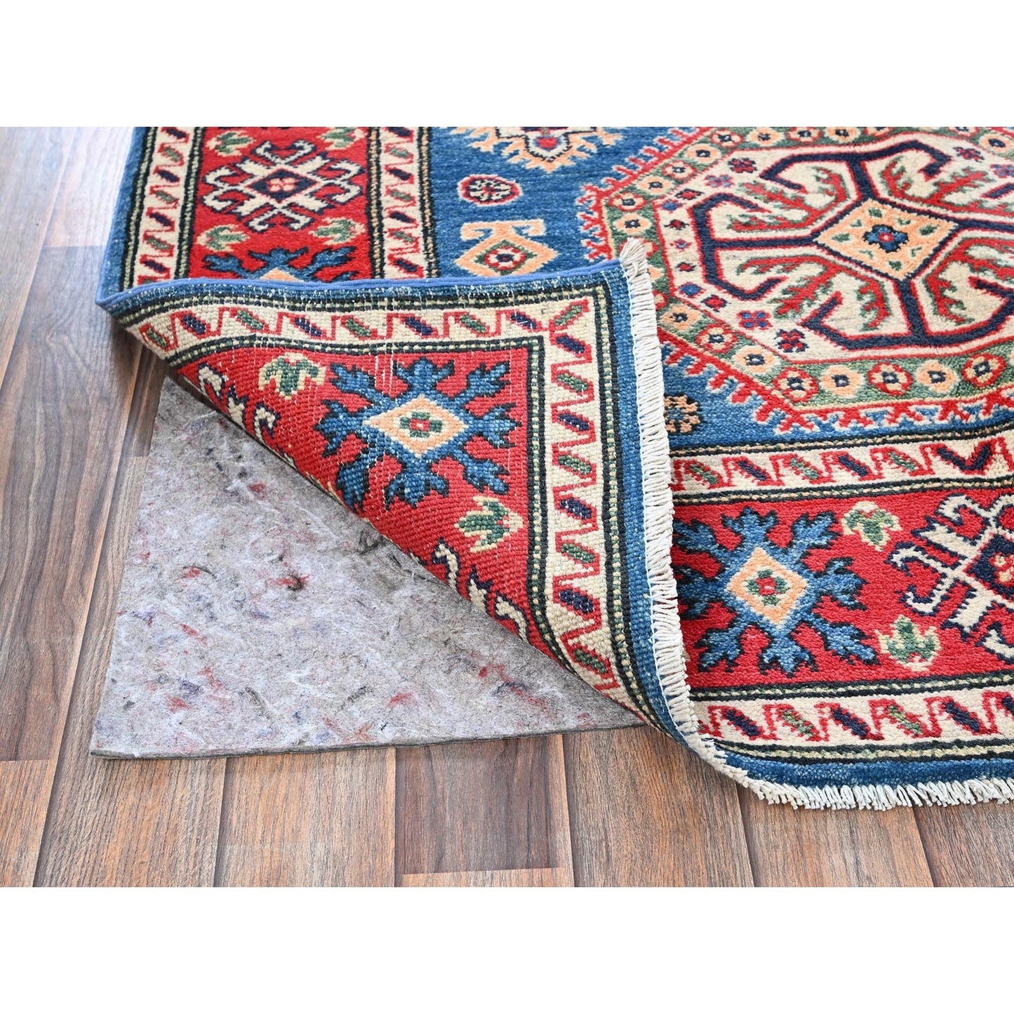 4'1"X6' Blue Kazak With Geometric Design Hand Knotted All Wool Oriental Rug