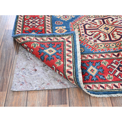 4'1"X6' Blue Kazak With Geometric Design Hand Knotted All Wool Oriental Rug