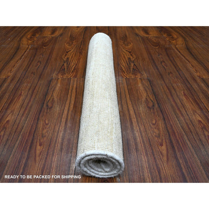 2'1"x3' Pearl White Hand Knotted Single Color Modern Peshawar Wool Rug