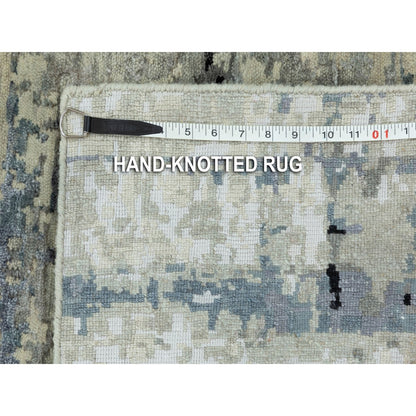 2'X2'10" Abstract Design Hilow Pile Silver-Blue Handknotted Wool-Silk Rug