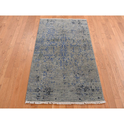 3'1"X5' Gray Wool And Silk Broken Design Tone On Tone Hand Knotted Rug