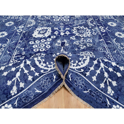 9'10"X14' Blue Tebraz With Leaf Design Hand Knotted Wool And Silk Rug