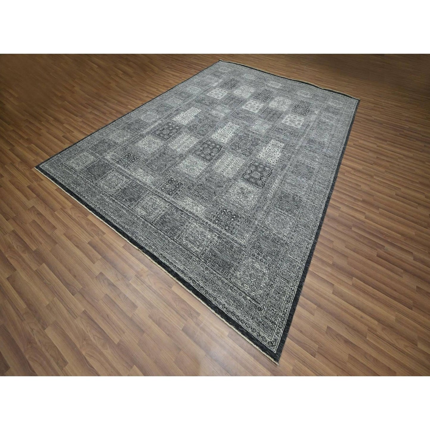 8'10"X12' Charcoal Gray Hand Knotted Wool Rug Garden Design Tone On Tone