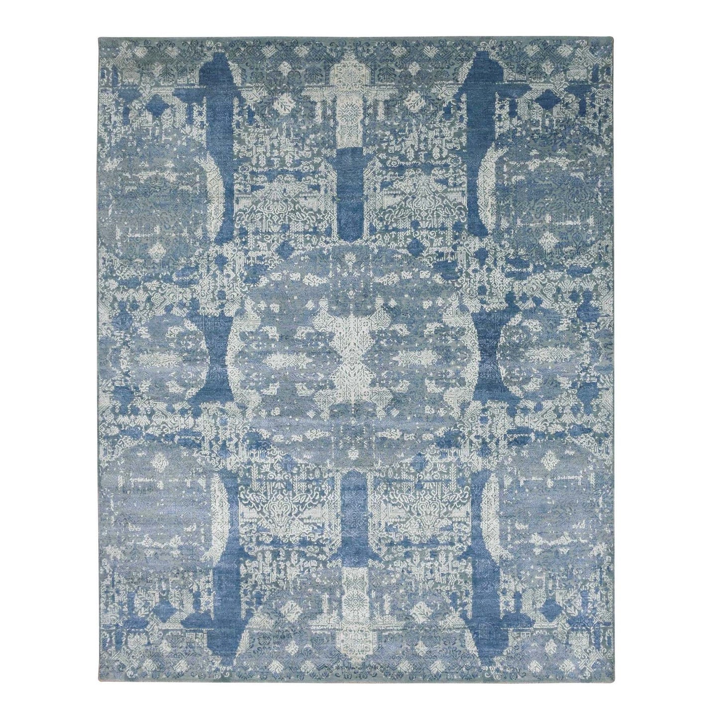 7'10"X10' Blue Wool And Silk Hand Knotted Jewellery Design Oriental Rug