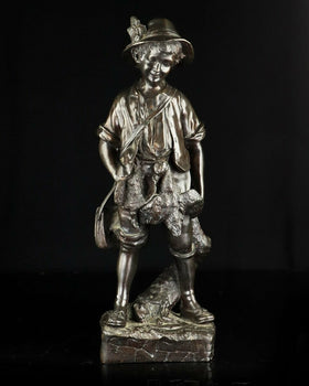 Auguste Moreau 1900S Antique French Bronze Statue - Little Hunter 20In Tall