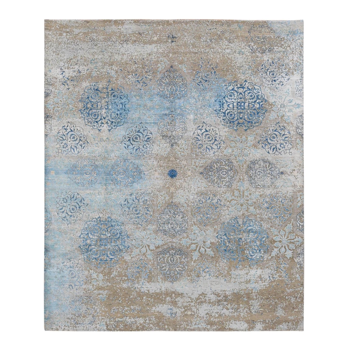 8'1"X9'9" Tan Color Wool And Silk Ottoman Design Hand Knotted Modern Rug