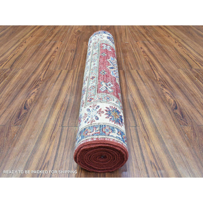 3'1"X11' Rich Red Hand Knotted Kazak Geometric Medallions Wool Runner Rug
