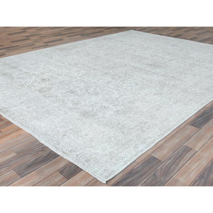 8'1"X11'2" Ivory Worn Wool Hand Knotted Vintage Farsian Tebraz Rug