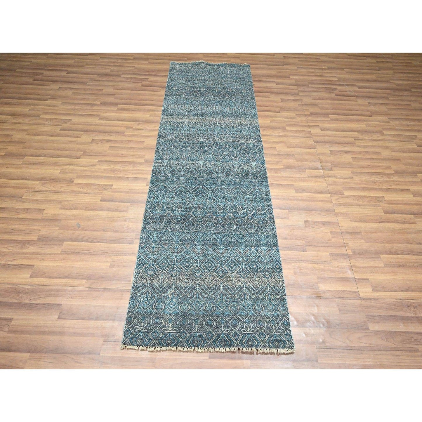 2'6"X7'8" Blue Hand Knotted Small Geometric Design Soft Wool Runner Rug