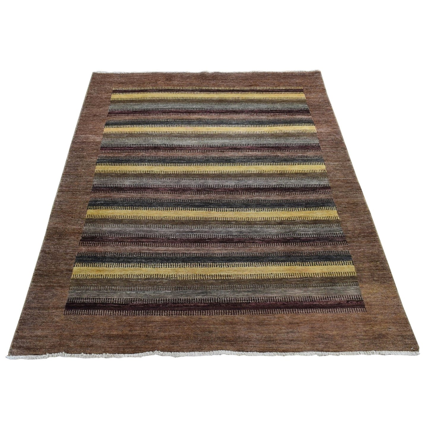 5'4"X7'8" Brown Striped Modern Gabbeh Design Hand Knotted Pure Wool Rug