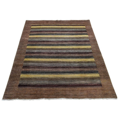 5'4"X7'8" Brown Striped Modern Gabbeh Design Hand Knotted Pure Wool Rug