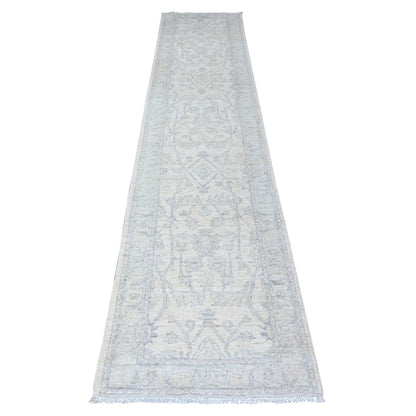 2'5"X11'8" White Natural Wool White Wash Peshawar Hand Knotted Runner Rug