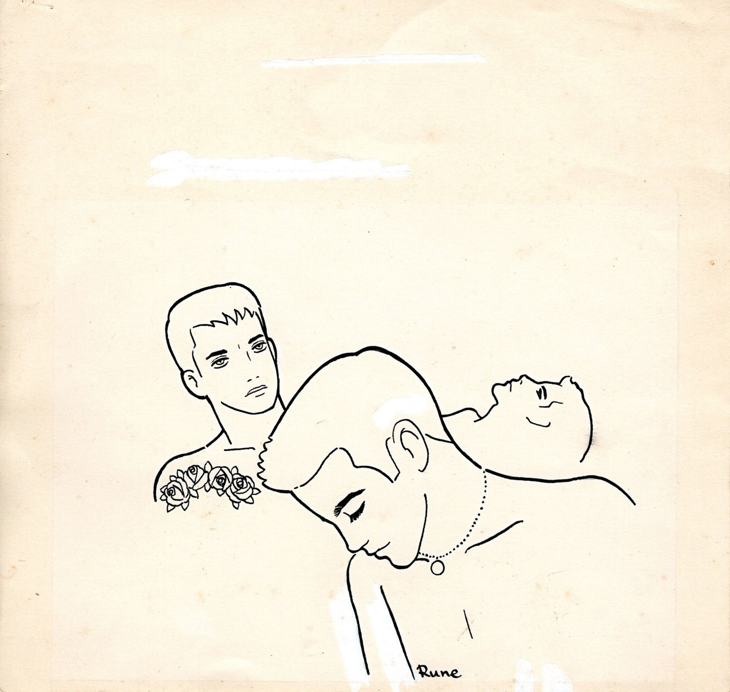 Men Signed Three Japanese Original Art Drawing Pencil By Naito