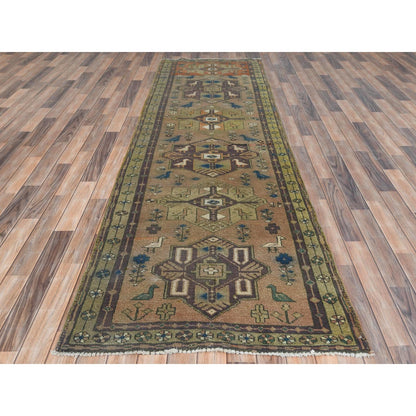 3'4"X10'3" Brown Northwest Farsian Runner Abrash Hand Knotted Wool Rug